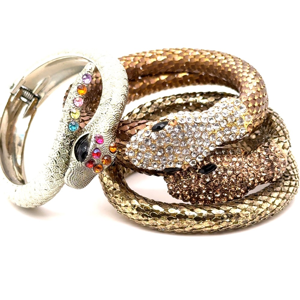 Set of 3 Snake Bracelets Mesh Wrap Hinged Bangle Rhinestone Serpent Gold Silver